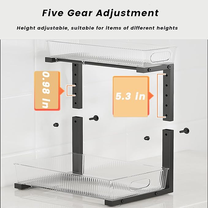 Under Sink Organizer, 2 Tier Pull Out Storage Organizer, Slide Out Storage Shelf for Bathroom & Kitchen, Under Cabinet Organizer and Storage with 5 Gears Height Adjustable (Black, 1 Pack)