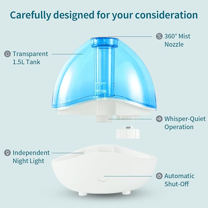 1.5L Cool Mist Humidifier for Bedroom with 360° Adjustable Nozzle, Quiet Ultrasonic Air Humidifier For Babies Nursery, Office, Indoor Plants, Auto-Shut Off,Light-Off,High and Low Mist Levels