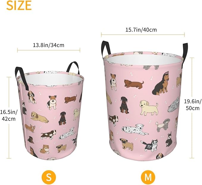 Cute Dogs Pink Laundry Hamper Bag With Waterproof Liner - Round Laundry Basket Foldable Clothes Storage Organizer For Bathroom Bedroom Nursery Dorm, S-16.5"X 13.8"
