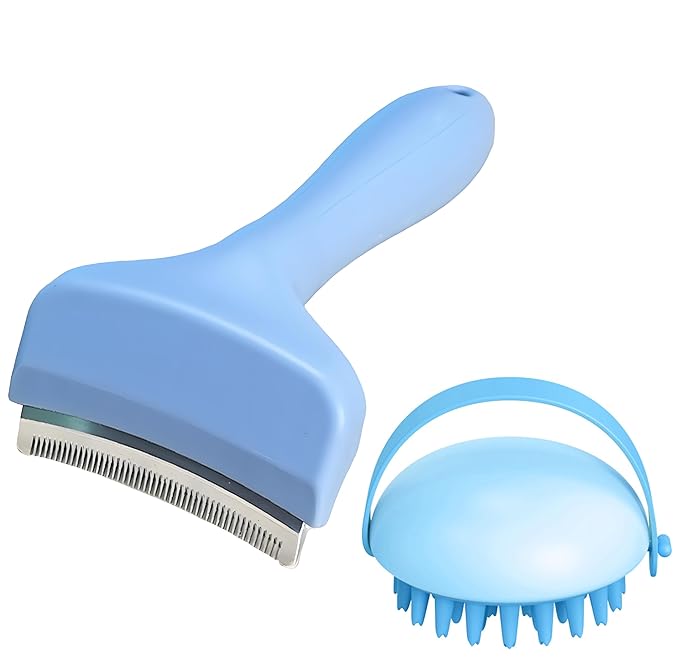 2 Pack Pet Grooming Set, Short Teeth Stainless Steel Deshedding Brush for Short-Haired Dogs and Soft Silicone Circular Bath Brush, Efficient Fur Removal and Gentle Cleaning (Blue, Small)