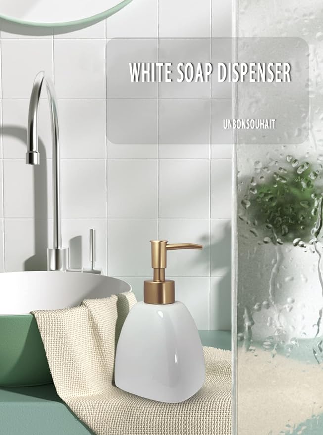 Liquid Soap Dispenser for Bathroom with Gold Pump，Dish Soap Dispenser for Kitchen，Refillable Countertop Lotion Ceramics White Hand Soap Dispenser for Shower 430ml (Pyramid White Bottle)
