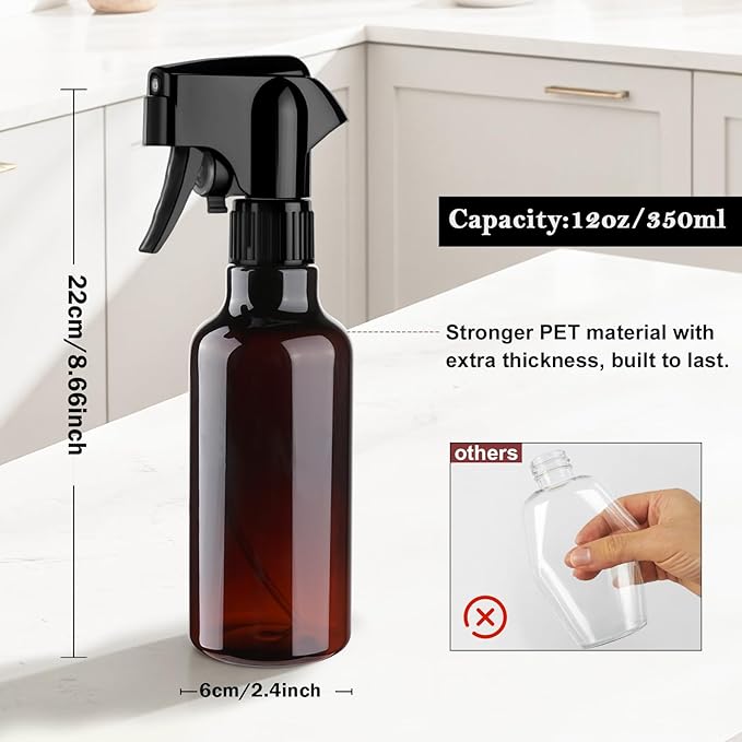 Plastic Spray Bottles 12oz Mist Spraying Bottle Continuous Mister Spray Bottle Heavy Duty Empty Water Spray Bottles for Hair, Cleaning Solutions, Plants，Essential Oils 2 Pack (Brown-2pcs)