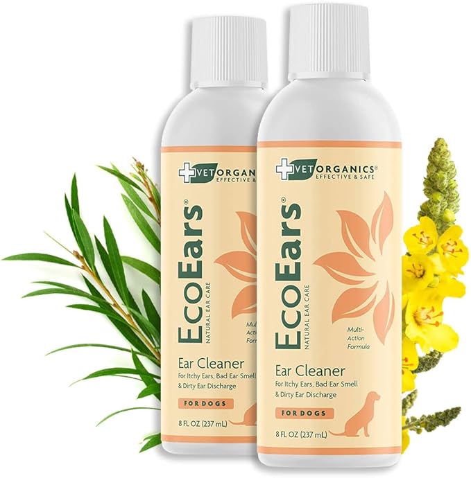 Vet Organics EcoEars Dog Ear Cleaner Solution–8 Oz. Natural Dog Ear Multi-Action Formula for Large or Small Canines – Ear Drops to Alleviate Itchy Ears, Shaking, & Otic Discharge–Puppy Supplies 2pk
