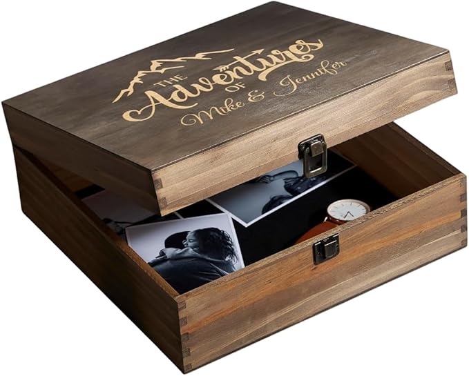 Personalized Wooden Keepsake Box Custom Engraved Adventure Memory Box for Couples Travel Souvenirs Photos Letters - Storage Memento Boxes for Wedding Gifts Newlyweds Anniversary Valentine's Day Gift