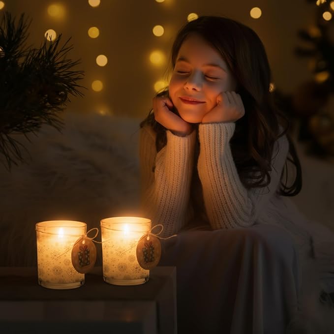 12 Pcs Christmas Glass Candle Jars 7 oz Glass Jars Empty Containers with Bamboo Lids and Christmas Cards for Candle Making Storing Biscuits Holiday Tea Party Favors