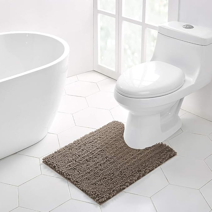 Walensee Bathroom Contour Rug Non Slip Toilet U Shaped Bath Mat (20x24, Taupe) Water Absorbent Super Soft Shaggy Chenille Machine Washable Dry Extra Thick Perfect Absorbant Best Plush Carpet