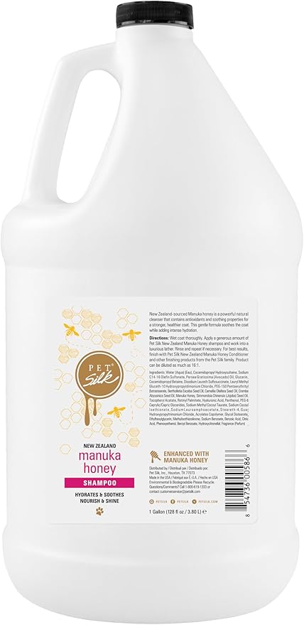 Pet Silk New Zealand Manuka Honey Shampoo, Specially Formulated to Provide Improved Hydration, Shine, Nourishment, and Soothing the Coat, Gentle for all Pets, Infused with Honey, Jojoba Oil (1 Gallon)