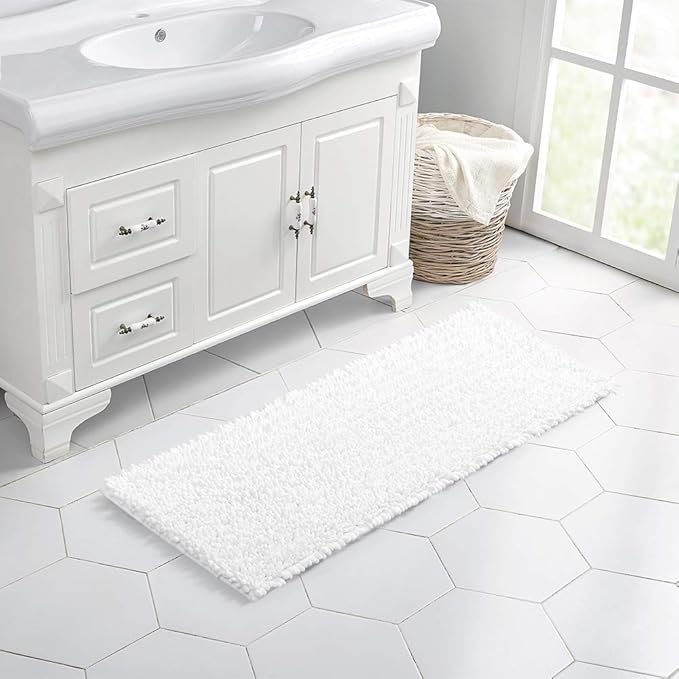 Walensee Bathroom Rug Non Slip Bath Mat (44x24 Inch White) Water Absorbent Super Soft Shaggy Chenille Machine Washable Dry Extra Thick Perfect Absorbant Best Large Plush Carpet for Shower Floor