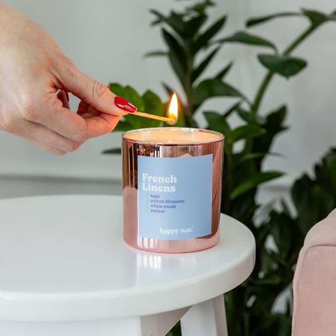 Happy Wax French Linens All Natural Soy Wax 1 Wick Premium Scented Candle, Infused with Essential Oils, Long Lasting 30+ Hours of Burn Time