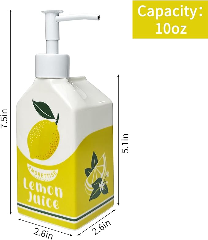 Ceramic Lemon Juice Soap Dispenser, Liquid Hand Soap Pump, Refillable Lotion Bottle for Bathroom Kitchen Dish Soap (Lemon)