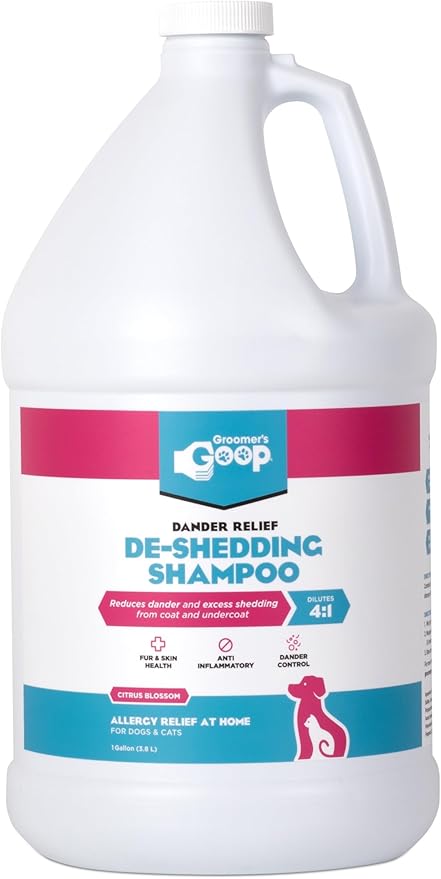 Groomer’s Goop Dander Relief De-Shedding Pet Shampoo – Deep Cleansing Formula Reduces Shedding & Dander in Dogs & Cats, Soothes Dry Skin, Moisturizes with Vegan Collagen - 1 Gallon Bottle