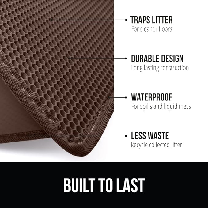 GORILLA GRIP Honeycomb Cat Litter Box Mat, Two Layer Trapping Waste Mats, Soft On Paws, Litter Box Supplies and Essentials for Indoor Cats, Traps Excess, Water Resistant for Floors, 24x15 Brown