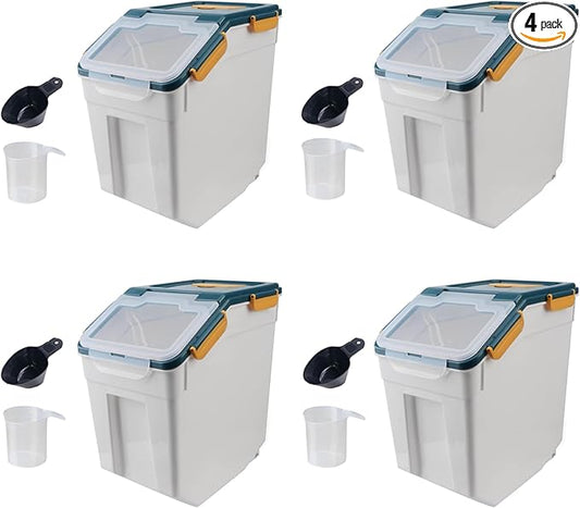 4 Pack Grain Food Storage Container, 20LB Airtight Rice Bin Storage Bucket with Spoon and Measuring Cup, Large Flour Dispenser Container Set 80LB Total Capacity