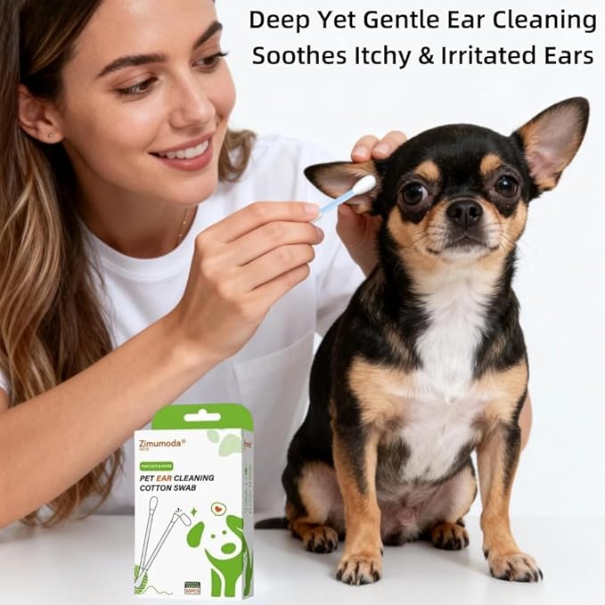 50 Pcs 2-in-1 Pet Ear Cleaning Cotton Swabs for Dogs & Cats - Essential Oil Infused Ear Cleaner Buds - Gentle Ear Wax Removal - Soothing Itch & Freshness - Individually Wrapped for Easy Use