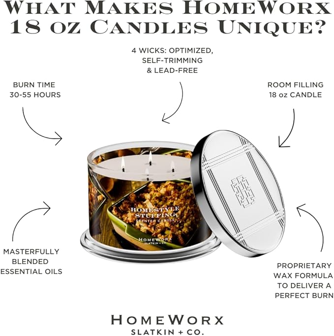 HomeWorx by Slatkin & Co Premium Scented 4-Wick Candle, Homestyle Stuffing - 18 oz - Long-Lasting Jar Candle, 30-55 Hours Burn Time - Notes of Toasted Bread, Melted Butter, Chopped Sage & Rosemary