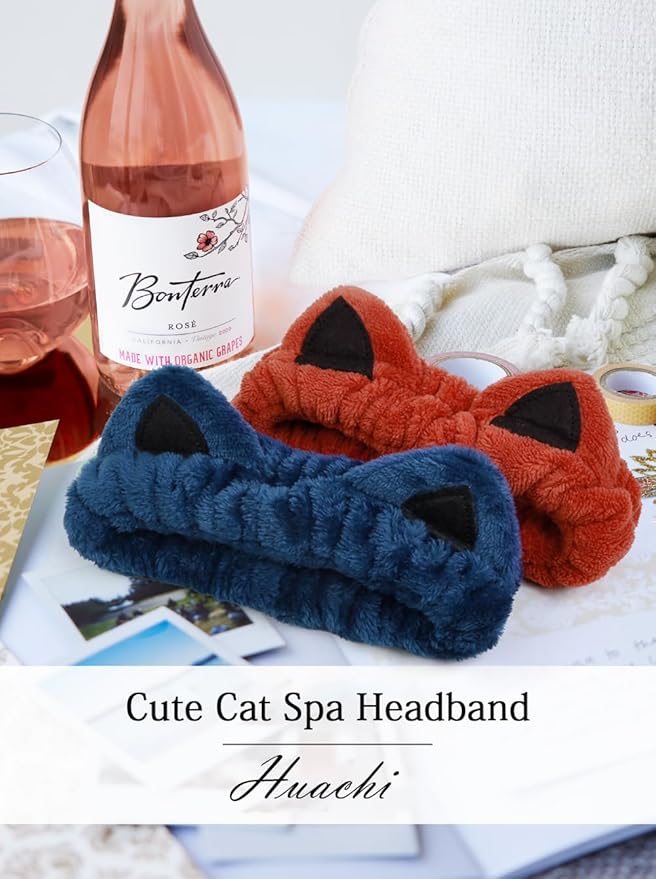 Huachi 2 Packs Cute Cat Spa Headband for Washing Face Makeup Skincare, Animal Headbands for Women Girls Trendy Stuff Gifts Soft Coral Fleece Facial Wash Hair Accessories (Blue + Red)