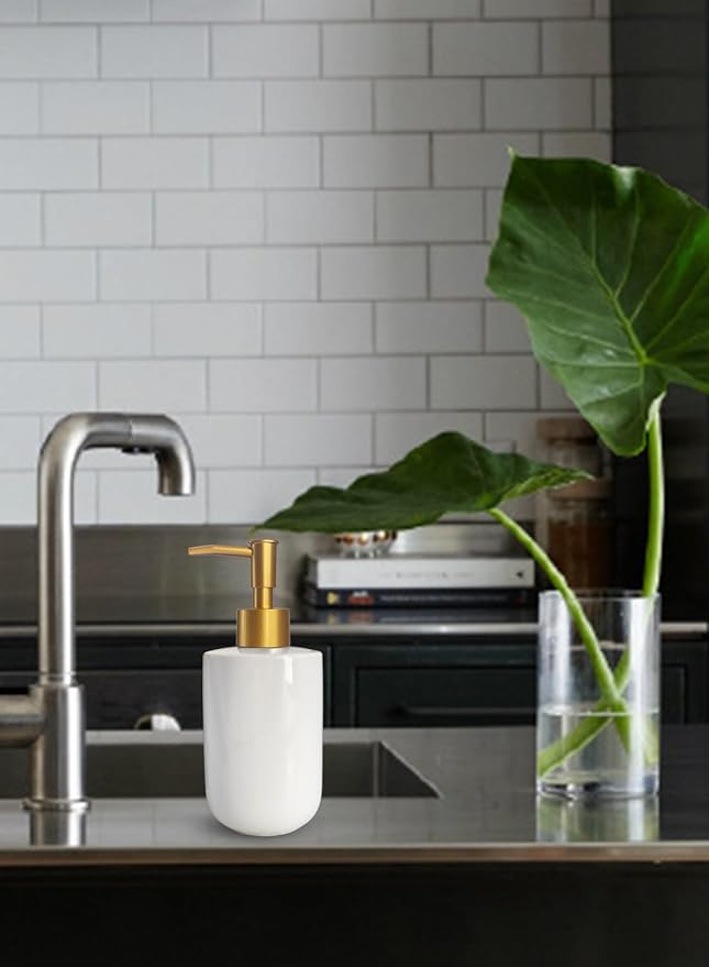 White Liquid Soap Dispenser with Golden Pump for Bathroom,Kitchen Refillable Dispenser,Countertop Lotion Ceramics Hand Dispenser 420ml (Cylindrical White Bottle)