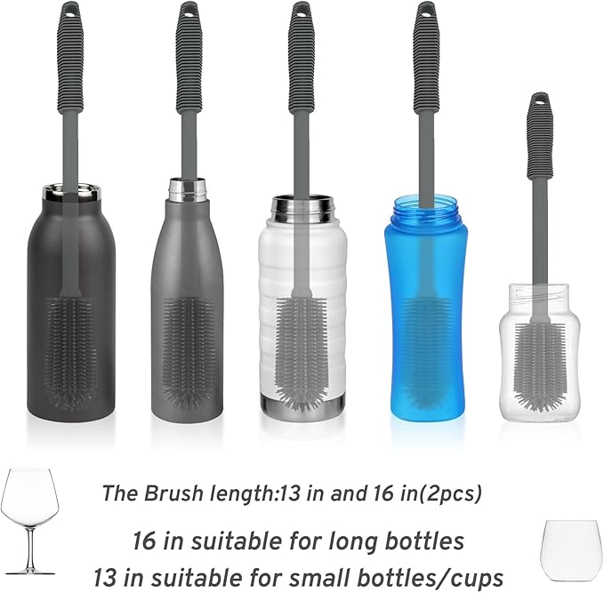 Silicone Bottle Cleaning Brush | 2 Pack|, 16”Long Water Bottle Brush Cleaner Brush for Cleaning Plastic & Metal Bottles,Coffee Cups,Thermos