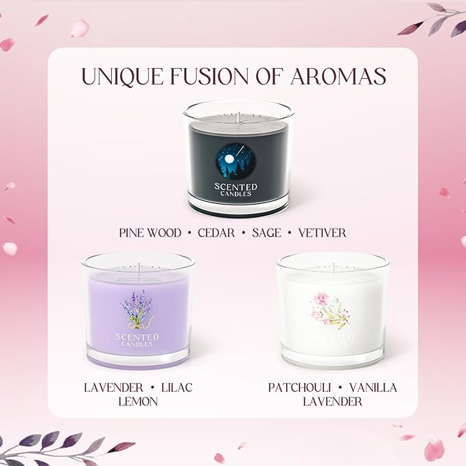 Scented Candles Gifts for Men, Candle Gift Set for Her, 3 Scented Votive Candles, Birthday Gifts for Women/Men (Black+Purple+White, 7 oz)
