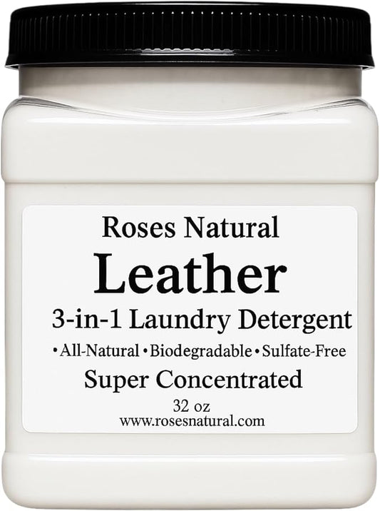 3-in-1 Leather-Scented Laundry Detergent Powder, 32 OZ, Natural, Plant-Based Formula, Cleans, Softens & Deodorizes – 64 Loads, HE Safe, Sulfate-Free, Made in the USA