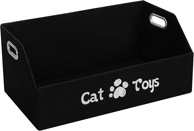 Cat Toy Basket, Kitten Toys Storage Organizer Foldable Fabric Bin Pet Supplies Chest Holder Trapezoid Container with Metal Handles for Organizing Cats Clothes Accessories, Black