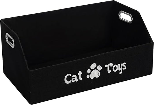 Cat Toy Basket, Kitten Toys Storage Organizer Foldable Fabric Bin Pet Supplies Chest Holder Trapezoid Container with Metal Handles for Organizing Cats Clothes Accessories, Black