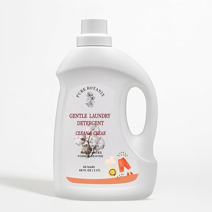 Unscented Plant-Based Laundry Detergent 68 Fl Oz | 66 Loads, Natural Hypoallergenic Non-Toxic Soap for Sensitive Baby Skin, HE-Compatible Concentrated Enzyme Stain Remover, Sulfate Free