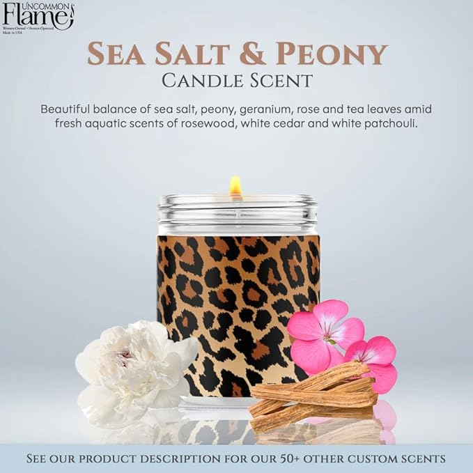 100% Handmade Non-toxic Soy Wax Candle, Floral Beachy Scent, 120hr Burn, Soot Free, Cotton Wick, 16 oz - Fun Animal Print, Cheetah Design (Leopard Print, Sea Salt & Peony)