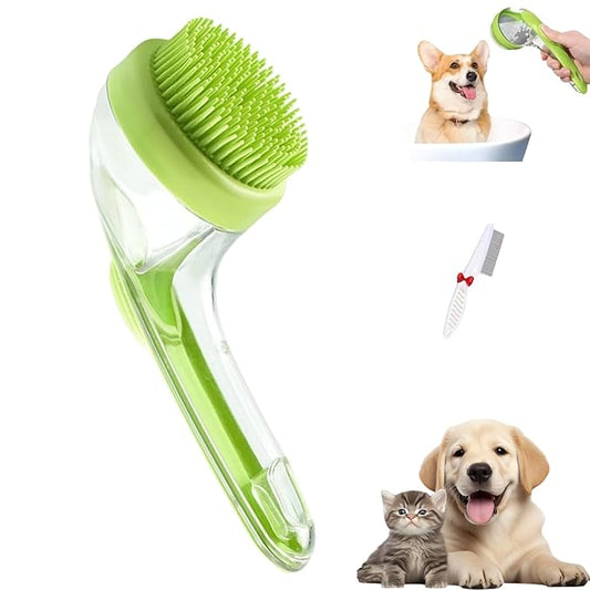 Pets Bath Brush, Soft Silicone Deep Cleaning Scrubber with Built-In Shampoo Dispenser, 2 in 1 Dog Grooming Massage Brush for Dogs Cats (Green)