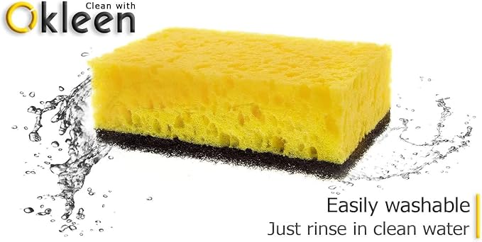 Yellow Multi Use Scrub Sponge. Made in Europe. Large Pack of 18. 4.3x2.8x1.4 inches. Black Heavy Duty & White Non Scratch Fiber. Best Odorless & Durable Professional Scrubber for Commercial Use
