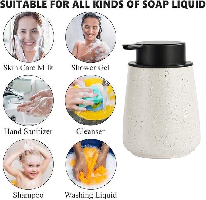 12Oz Beige Soap Dispenser Set - Ceramic Speckled Lotion Hand Soap Dispenser Set with Easy-to-Press Black Pump, Refillable Mordern Liquid Dish Soap Dispensers for Bathroom & Kitchen, 2 Pack