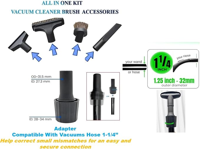 1.25 Inch Vacuum Brush Attachment Kit with Hose Adapter - Fit Vacuums Using 1-1/4'' Accessories (Wand/Hose Outer Diameter 1.25'') - For Small Shop Vacs: Horse Hair Dust Brush and More (6 Pack)