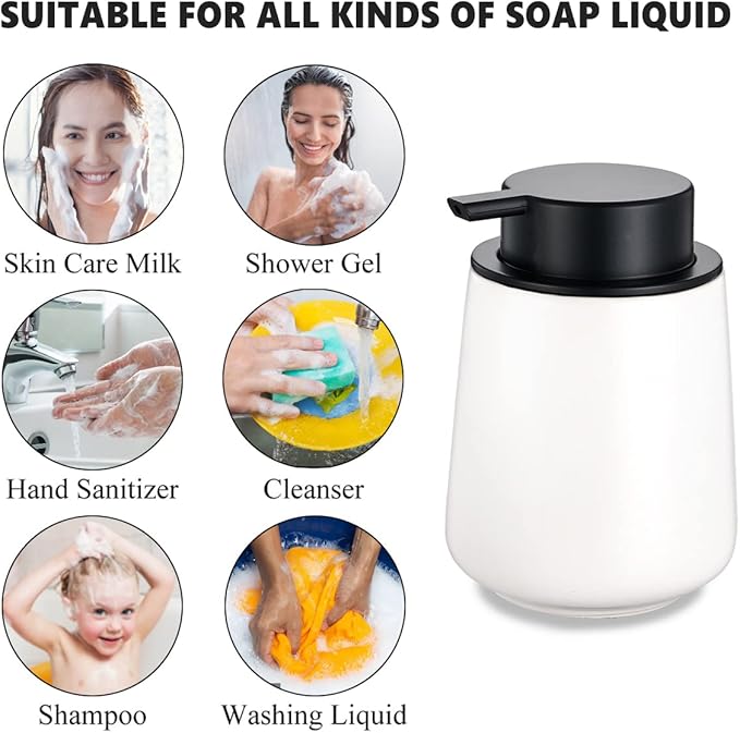 12Oz White Foam Soap Dispenser - Ceramic Foaming Hand Soap Dispenser Set with Easy-to-Press Pump, Refillable Liquid Dish Soap Dispensers for Bathroom and Kitchen, 2 Pack