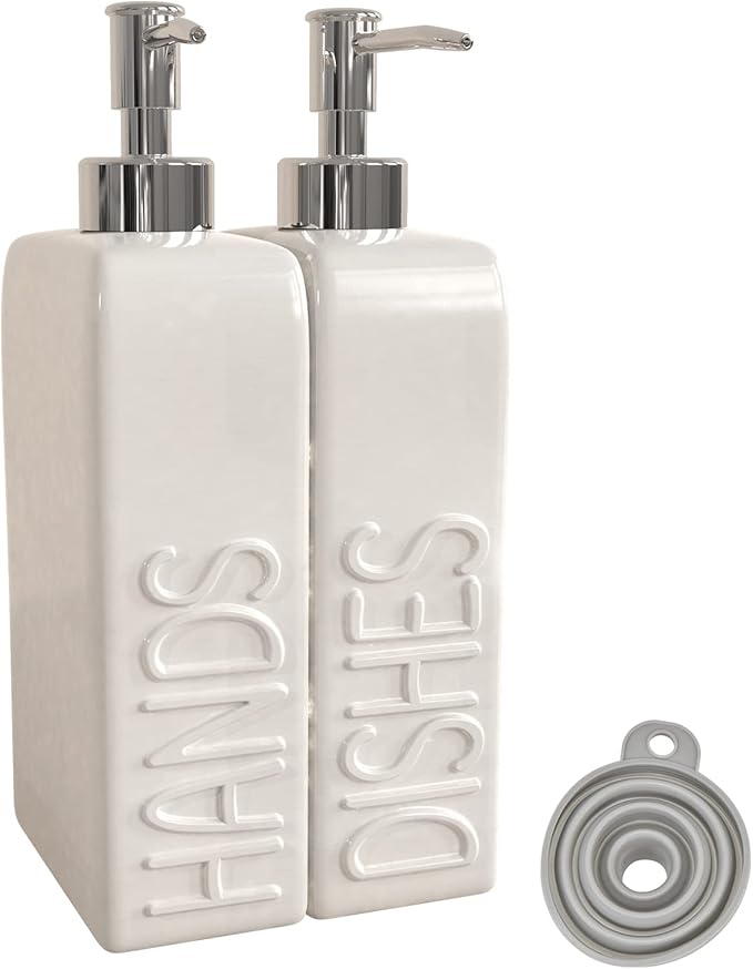 Soap Dispenser Set with Stainless Steel Pump, 2 Pack Ceramic Refillable Dish Soap and Hand Soap Dispenser for Kitchen, Bathroom, Matte White