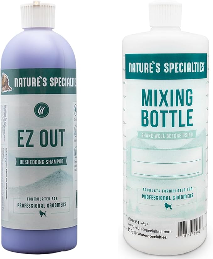 Nature's Specialties Mixing Bottle and Dog Shampoo Conditioner Concentrate Bundle, Easy to Read Measurements Mixing Bottle 32 oz, EZ Out Deshedding Dog Shampoo Conditioner Concentrate 16 oz