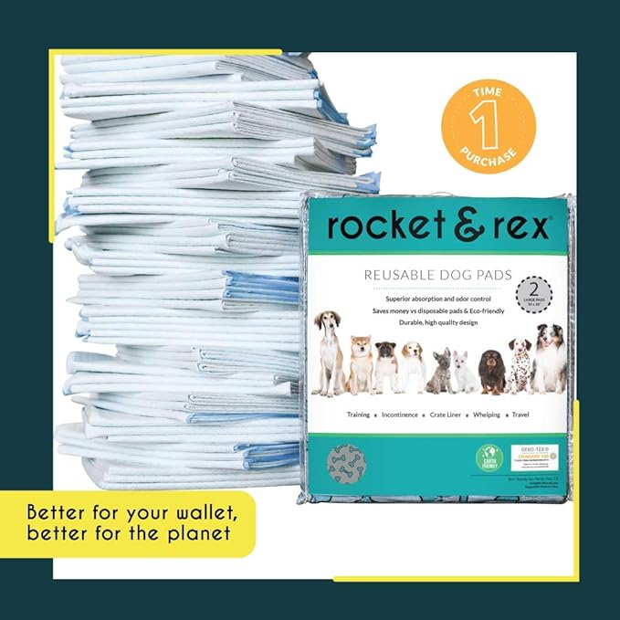 rocket & rex Premium Washable Pee Pads for Dogs, Waterproof & Reusable Puppy Pads for Potty Training, Whelping, Lining Crates & More, Guaranteed for up to 300 Washes, 30" x 36" (Pack of 2)