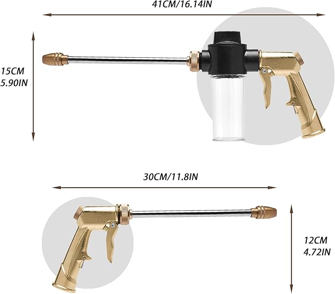 High Pressure Garden Hose Nozzle Sprayer with 3.5oz Plastic Soap Dispenser Bottle, Heavy Duty Car Wash Foam Gun, Adjustable Nozzle for Gardening, Solar Panel Cleaning, Pet Showering (Brass)
