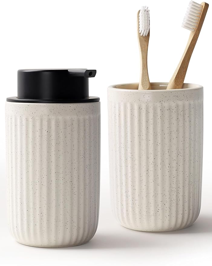 Bosilunlife Soap Dispenser and Toothbrush Holder Set - Dish Hand Soap Dispenser Bathroom Set Ceramic Bathroom Counter Soap Toothbrush Holder Set Beige Bathroom Accessories Set