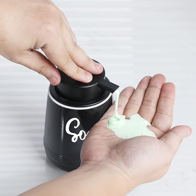 LEETOYI Bathroom Countertop Dispensers Modern Ceramic Soap Lotion Dispenser Bottles, Hand Soap Dispenser for Bathroom, Dish Soap Dispenser for Kitchen, Easy to Press Pump (Black, Labeled Soap)