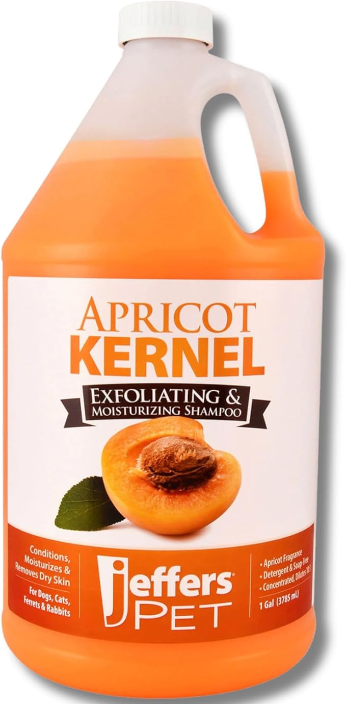Jeffers Pet Apricot Kernel Shampoo – Detergent & Soap Free Exfoliating & Moisturizing Formula for Dogs, Cats, Puppies, Ferrets & Rabbit – Coconut Cleanser, Apricot Scent, Vitamins A&D, 1 Gallon
