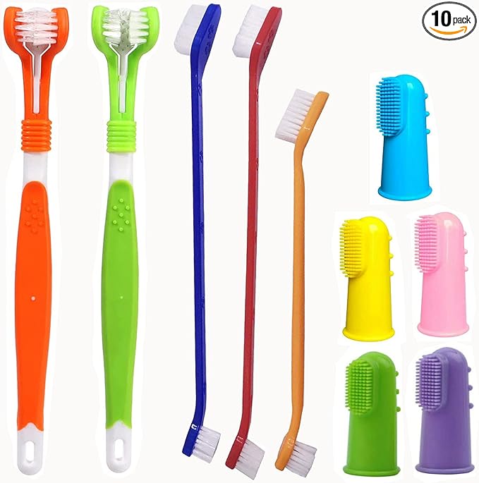 10 Pack Pet Dog Toothbrush, 2 Triple Head Pet Toothbrushes 3 Double Head Tooth Brush 5 Pack Finger Rubber Toothbrushes, Multi-Angle Dental Cleaning Brushes for Dog Cat Oral Dental Health