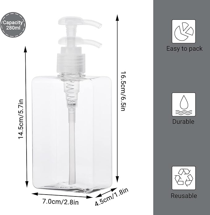 Suream Refillable Shampoo and Conditioner Bottles, 9.5oz/280ml Clear Plastic Pump Dispensers for Shower, Square Empty Bathroom Bottle for Body Wash, Essential Oil, Soap Liquid, Lotion, 3Pack