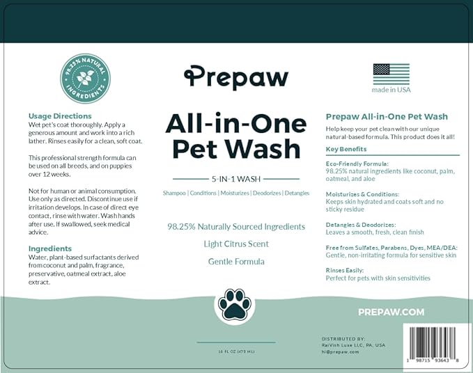 Pet Wash - 5 in 1 (Cleans, Conditions, Moisturizes, Deodorizes & Detangles) - Natural Ingredients - Gentle for Sensitive Skin - Softens Coat & Quick Rinse | Light Citrus Scent, 16 fl oz