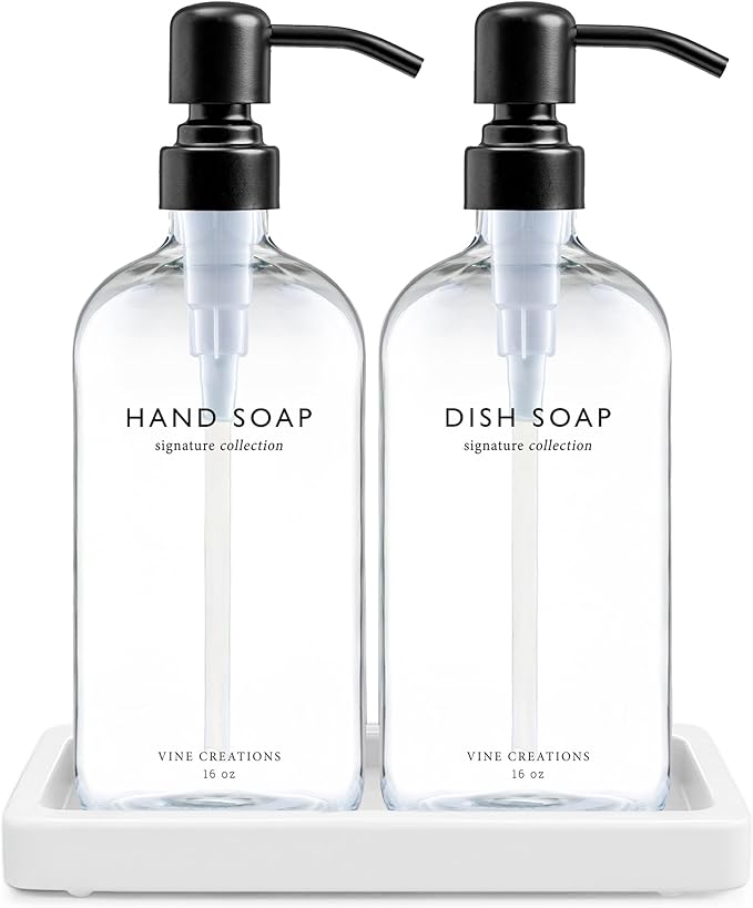 Vine Creations Glass Soap Dispenser Set, Kitchen Soap Dispenser Set with Ceramic Tray, 16 oz Dish Soap and Hand Soap Dispensers with Stainless Steel Pump Decor (Clear Bottle/Matte Black)