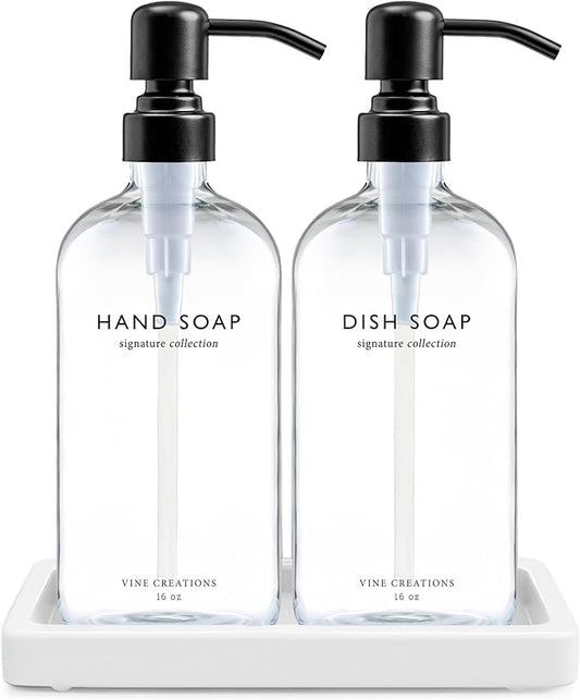 Vine Creations Glass Soap Dispenser Set, Kitchen Soap Dispenser Set with Ceramic Tray, 16 oz Dish Soap and Hand Soap Dispensers with Stainless Steel Pump Decor (Clear Bottle/Matte Black)