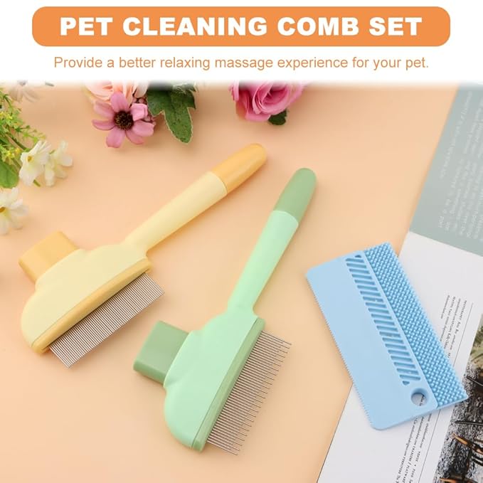Pet Comb for Dogs Cats Brush, Flea Comb with Long Short Stainless Steel, Self-Cleaning Pet Brush for Shedding