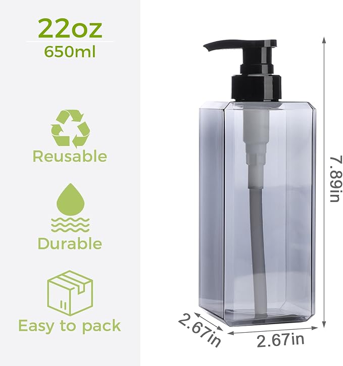 Suream 22oz Empty Plastic Bottles for Shampoo with Lables, 3Packs Bathroom Shower Containers, Refillable & Reusable Lotion Dispenser, Pump Press Bottles for Kitchen, Office, Hotel, Travel, SPA
