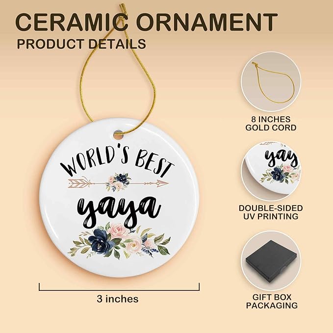 World's Best Yaya Ceramic Ornaments Gifts, Grandma Grandmother Round Hanging Ornament Decor Decorations for Christmas Tree Car, Thank You Appreciation Gifts for Yaya Birthday Holiday