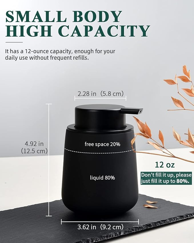 BosilunLife Black Soap Dispenser - Ceramic Dish Soap Dispenser for Bathroom 12ounce Refillable Liquid Hand Dispenser for Essential Oil, Lotion Dispenser with Pump (Rubber Paint)