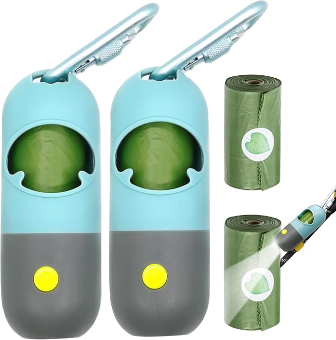 2 Pack Poop Bag Holder with Flashlight Waste Bag Dispenser for Leash with Clip and Battery Poop Bag Dispenser with Green Scented Poop Bags for Dog Walking(Blue,2 Dispenser 60 Bags)